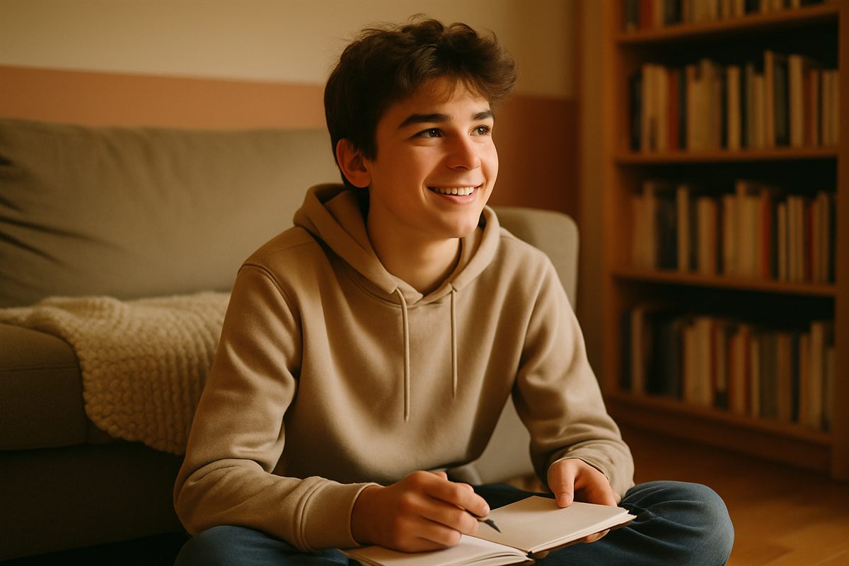 Un adolescent détendu et souriant, apaisé, un carnet sur les genoux