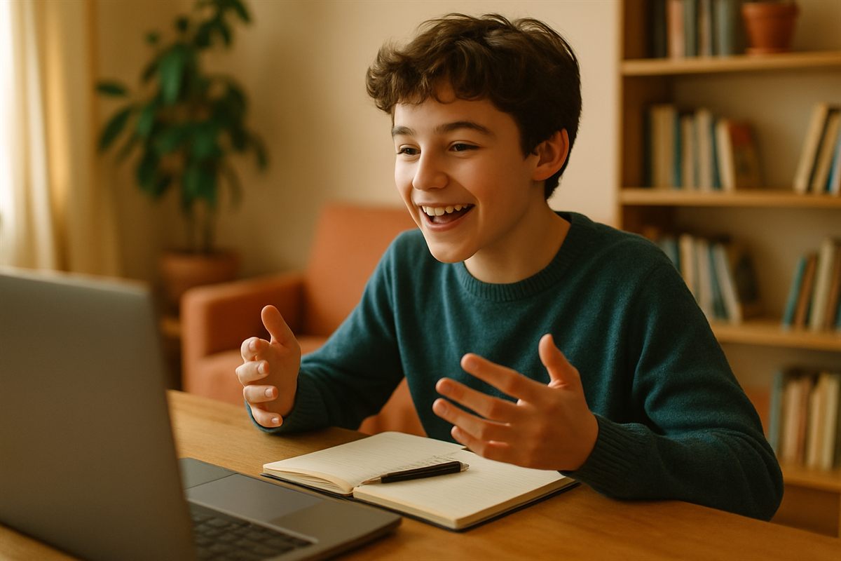 Un adolescent souriant et enthousiaste pendant une séance de coaching en visioconférence